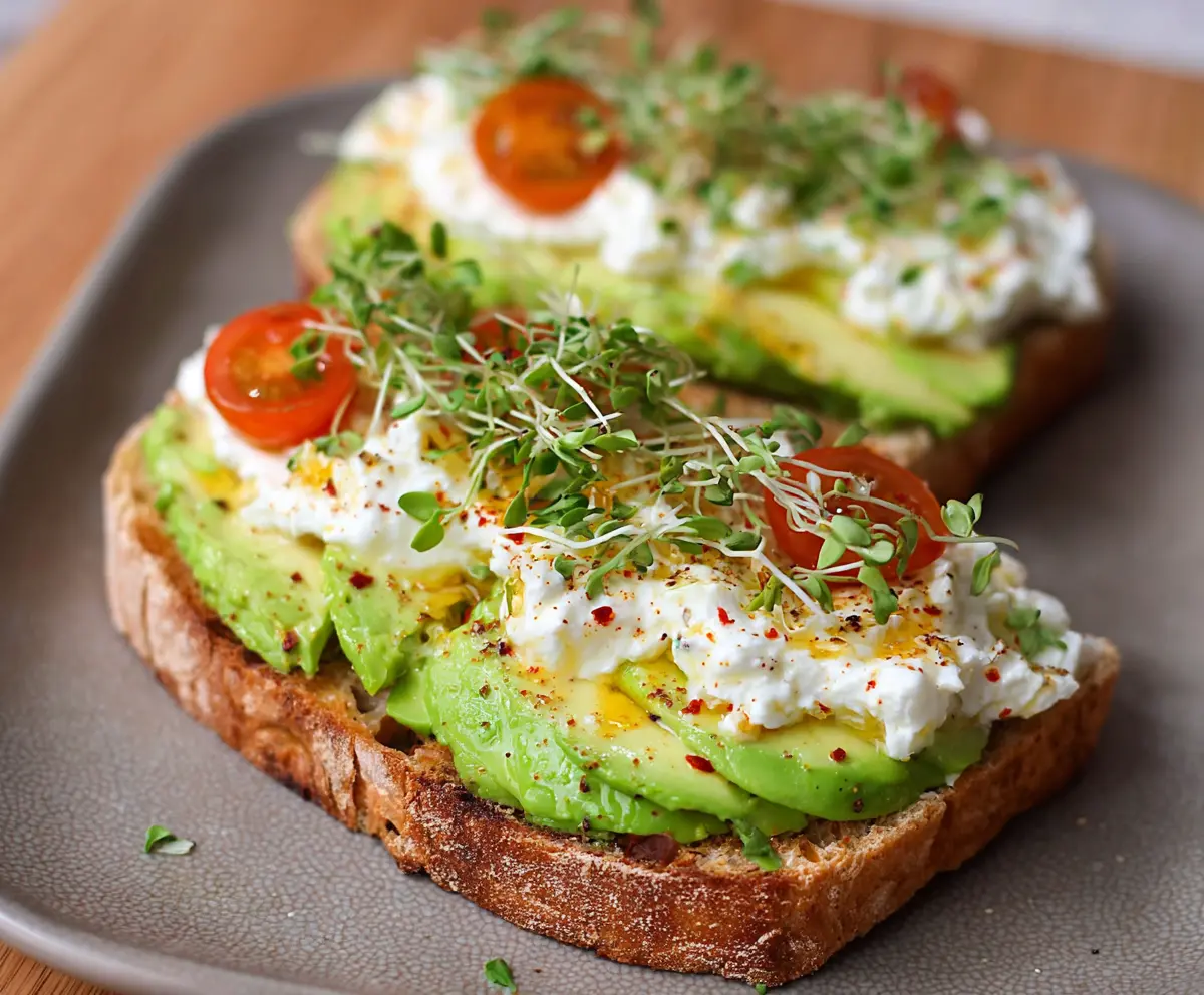 Delicious creamy cottage cheese and ripe avocado toast on colorfully plated breakfast, healthy vegan snack
