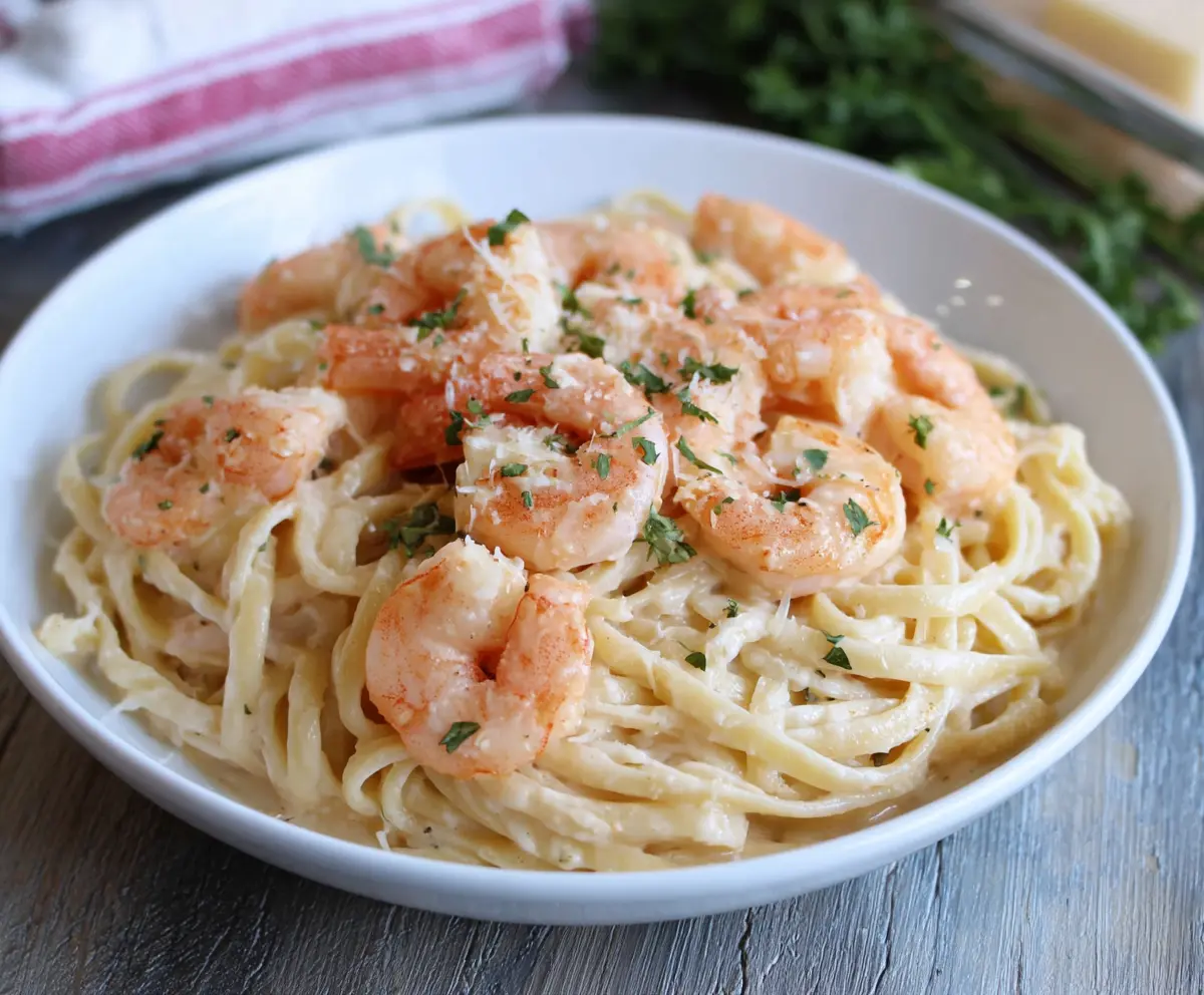 Creamy garlic Parmesan shrimp pasta served in a white bowl garnished with chopped parsley.