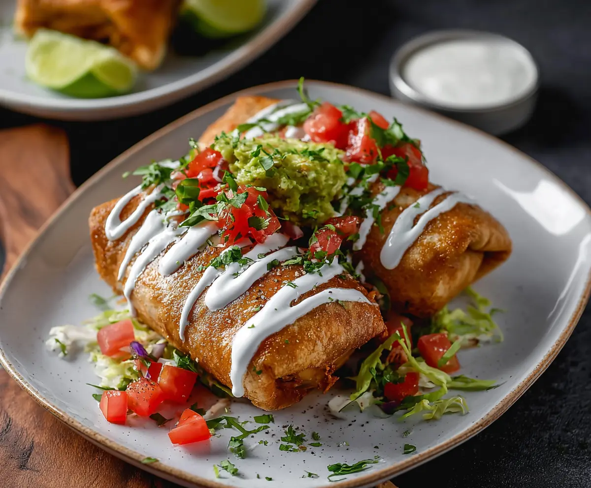 Delicious crispy chicken chimichanga served with hot sauce and fresh toppings