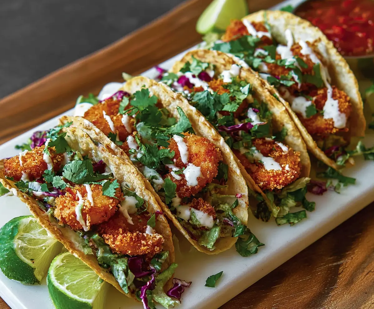 Delicious crispy coconut shrimp tacos garnished with fresh herbs on a plate.