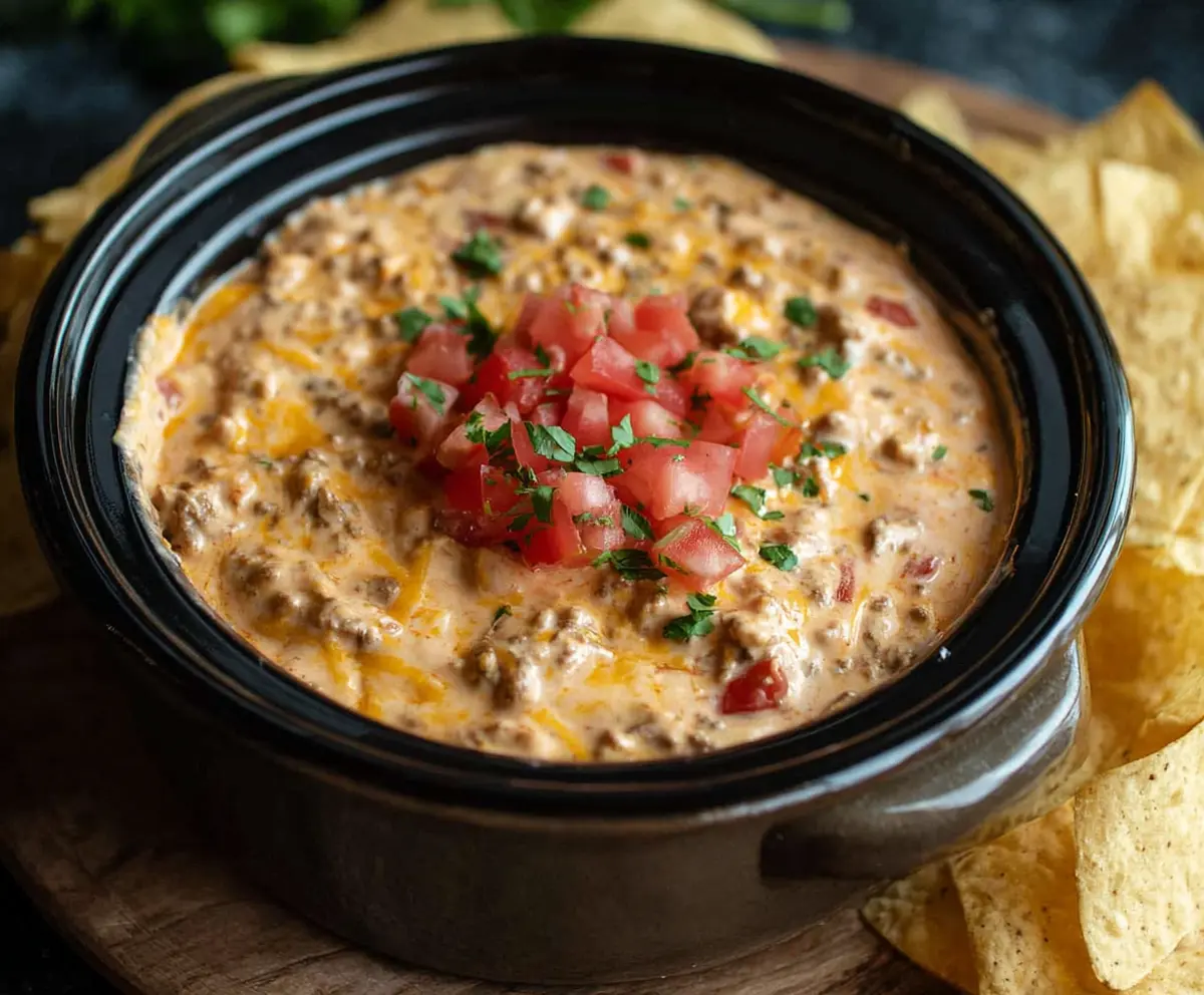 Delicious crock pot cheeseburger dip served in a bowl with bread slices.