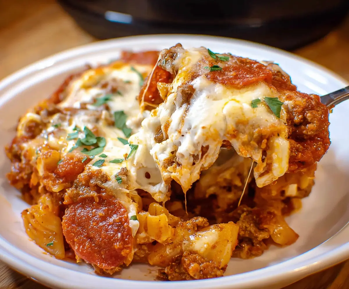 Delicious Crockpot Pizza Casserole topped with melted cheese and fresh toppings, cooked in a slow cooker.