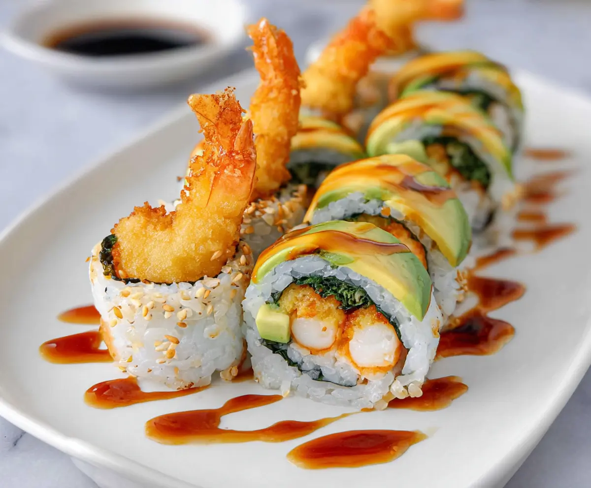 Crispy shrimp tempura sushi roll with fresh avocado and sesame seeds on top.