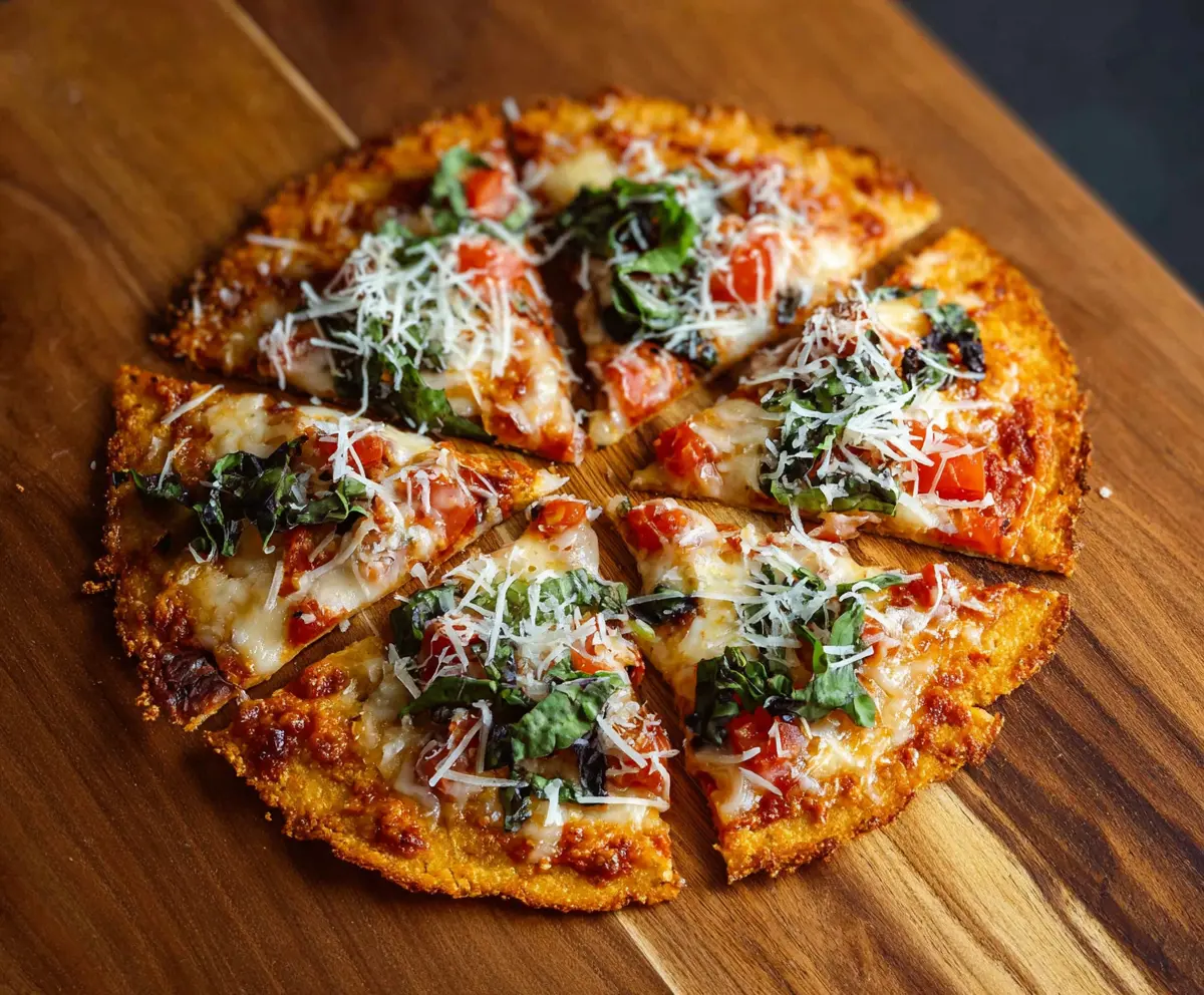Crunchy tortilla pizza topped with melted cheese, colorful vegetables, and crispy edges.