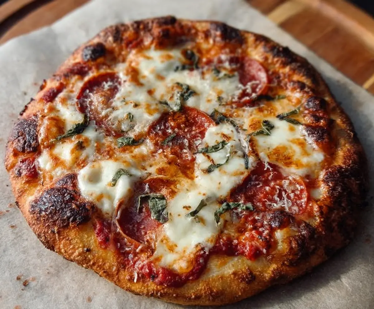 Delicious crusty sourdough pizza topped with fresh ingredients and bubbling cheese.