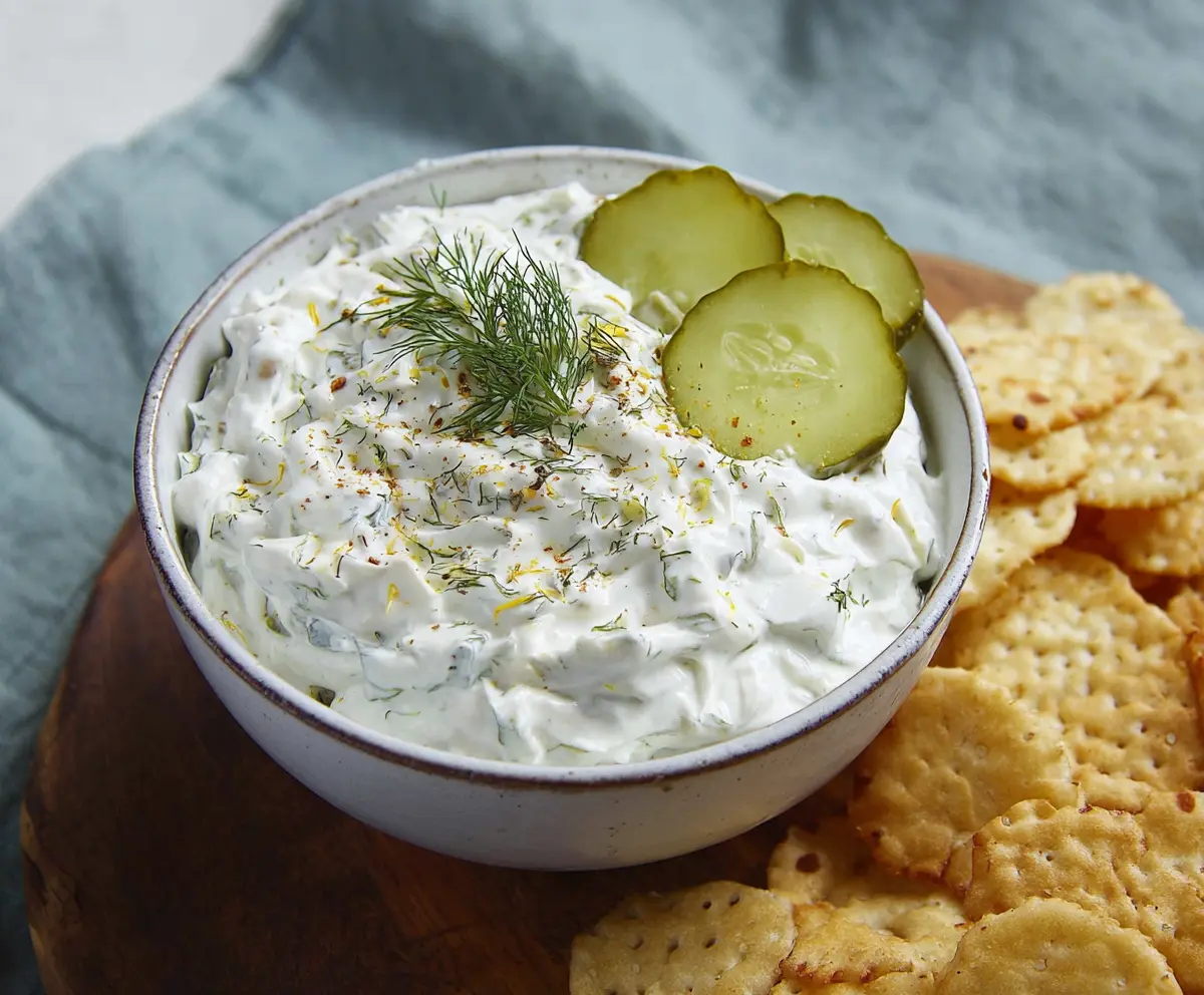 Creamy Dill Pickle Dip served with fresh vegetables for a tangy snack.