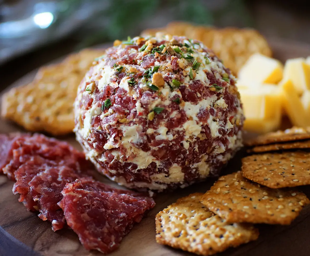 Delicious dried beef cheese ball with creamy cheese and savory seasoned beef for appetizer enjoyment