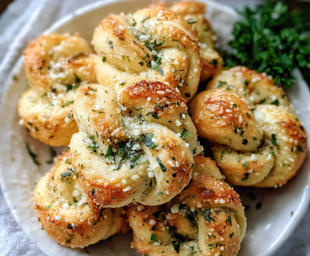 Delicious Easy Garlic Parmesan Knots garnished with herbs on a wooden platter, perfect for appetizers.