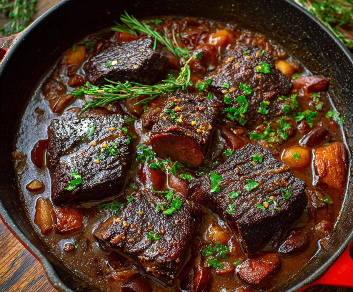 Delicious French-style braised short ribs served with potatoes and vegetables, showcasing tender meat in a rich gravy.