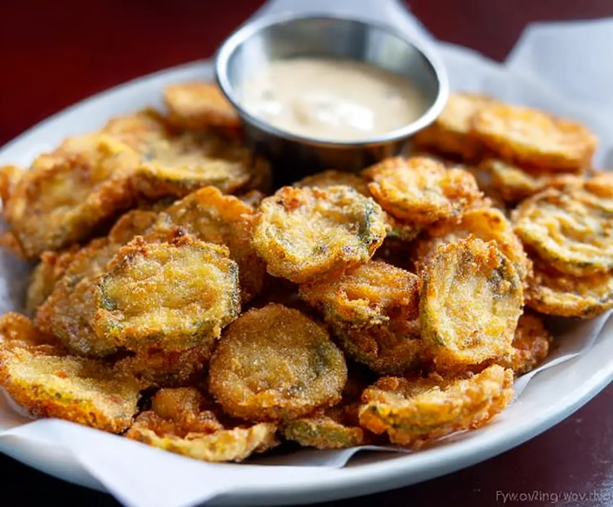 Crispy fried pickles served with dipping sauce on a rustic plate