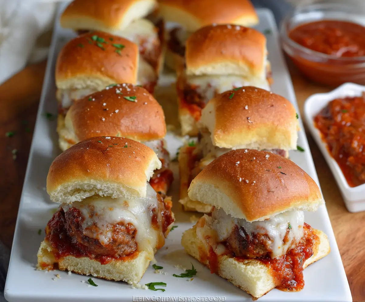 Delicious Game Day Meatball Sliders with melted cheese and savory meatballs in mini buns.