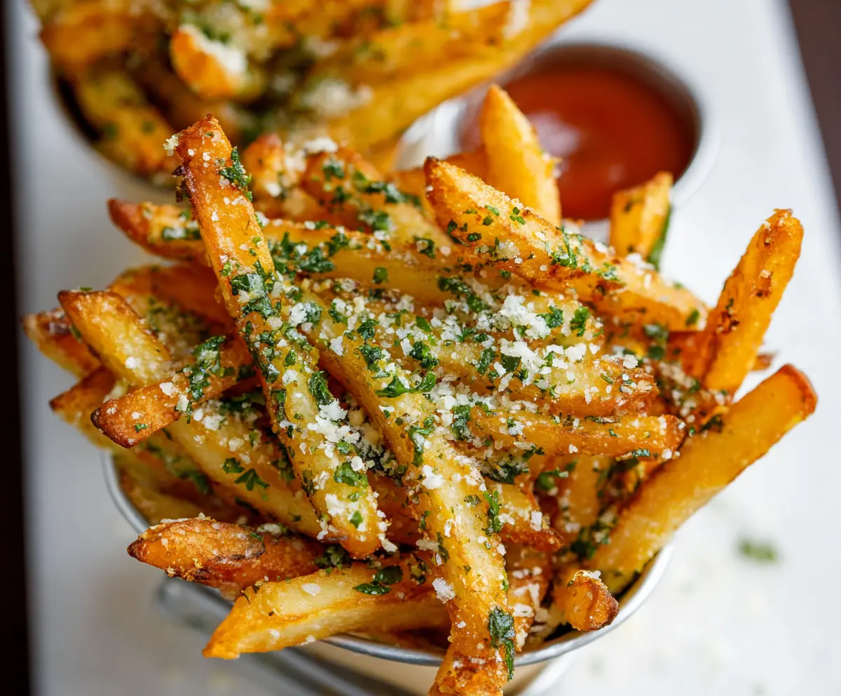 Crispy garlic and parmesan fries served with fresh herbs on a white plate