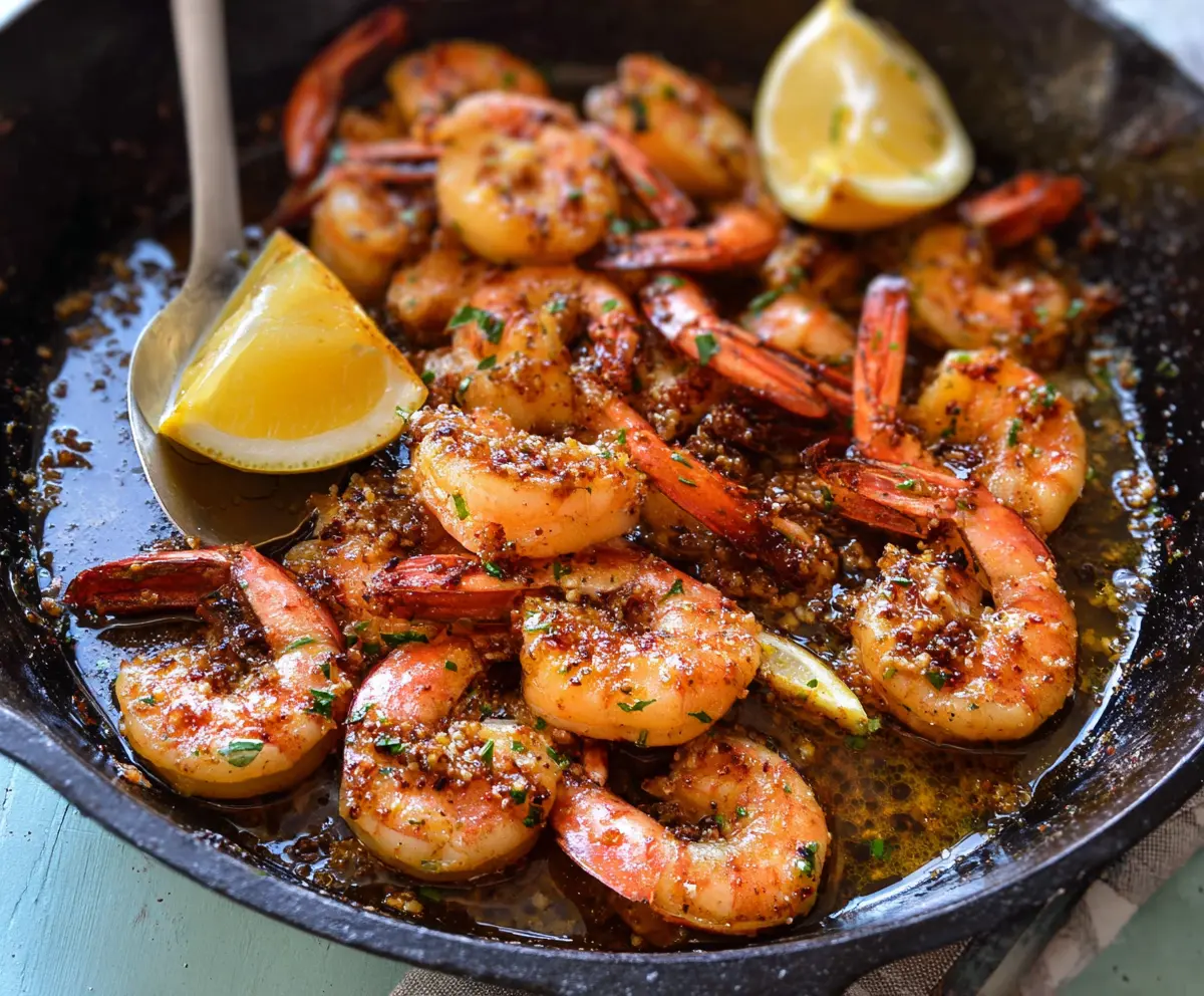Delicious garlic butter lemon shrimp served on a white plate with fresh herbs.