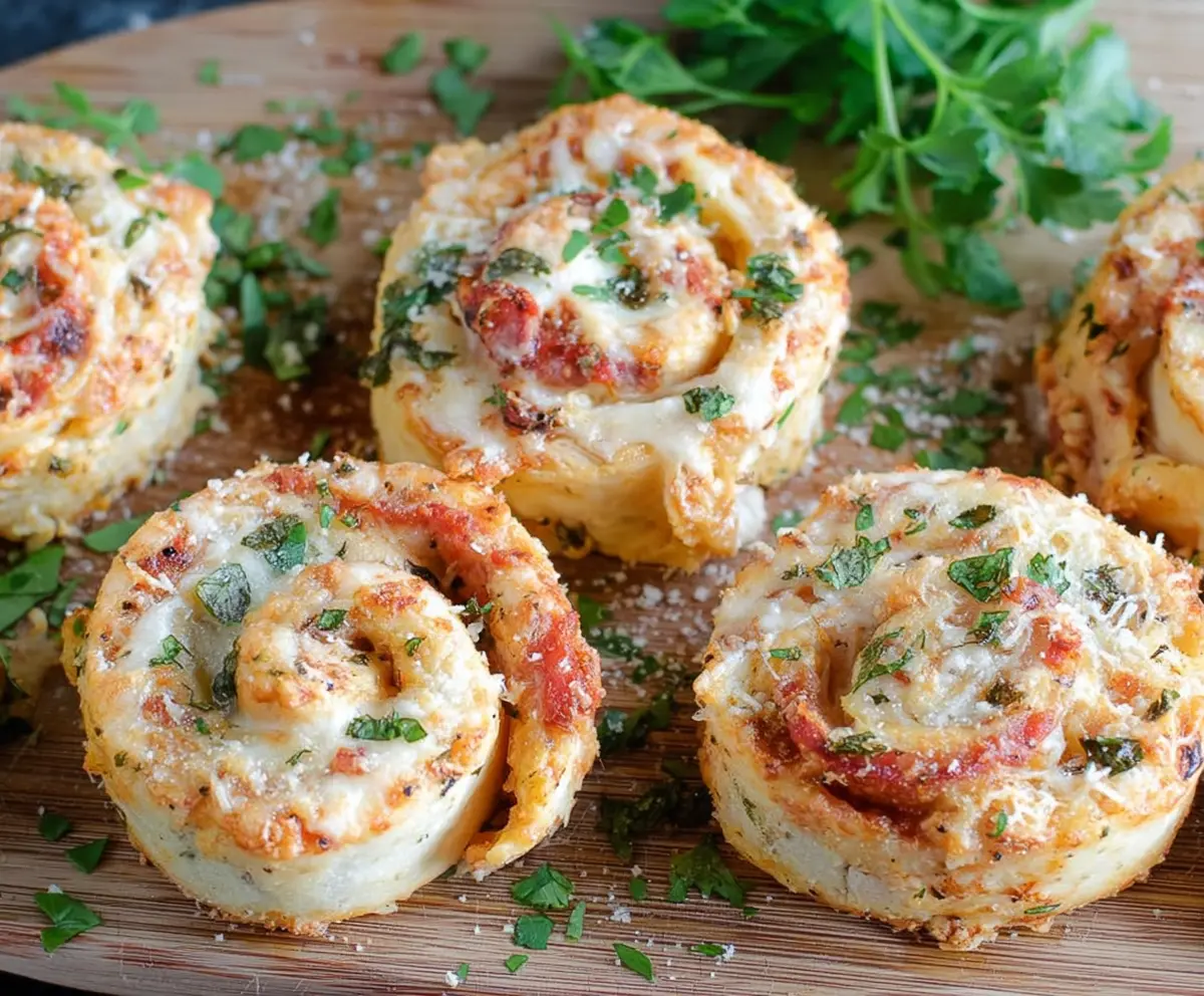 Delicious garlic Parmesan chicken pinwheels with crispy golden crust on a wooden platter.
