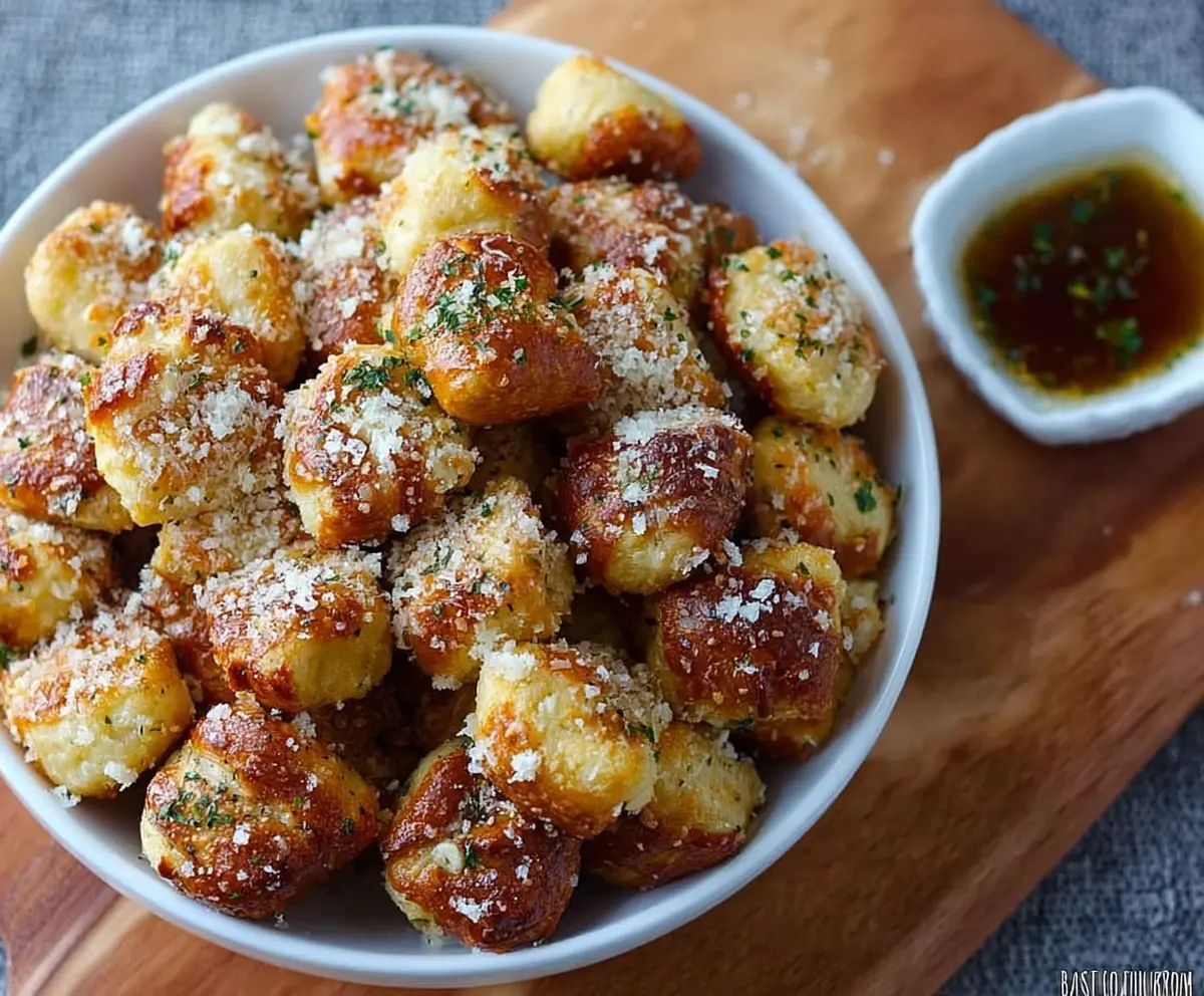 Delicious garlic Parmesan pretzel bites with melted cheese and fresh herbs