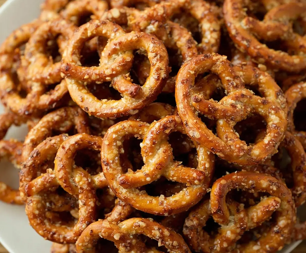Golden garlic ranch pretzels with herbs and spices, perfect as a snack or party appetizer.