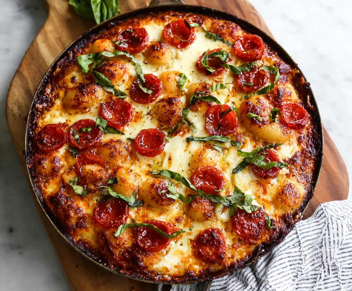 Delicious gnocchi pizza with melted cheese and crispy edges served on a rustic plate.