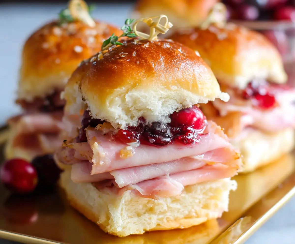 Delicious ham and cranberry sliders served on a wooden platter for a festive appetizer.