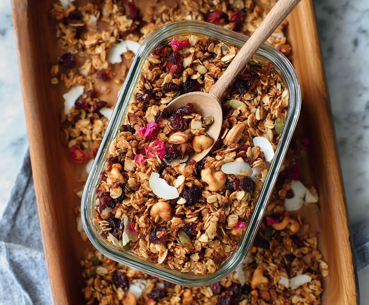 Bowl of homemade healthy granola with nuts and dried fruits on a rustic wooden table.