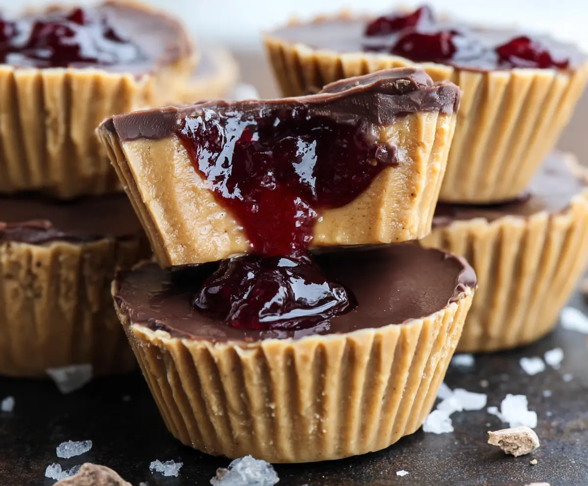Delicious Healthy Peanut Butter and Jelly Cups with fresh fruit and nut butter in a baking tray.