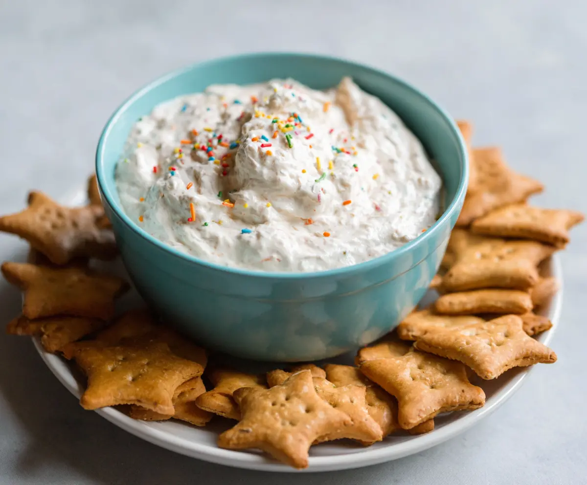 Creamy homemade Dunkaroo dip served with cookies and fruits, perfect for snacking and parties.