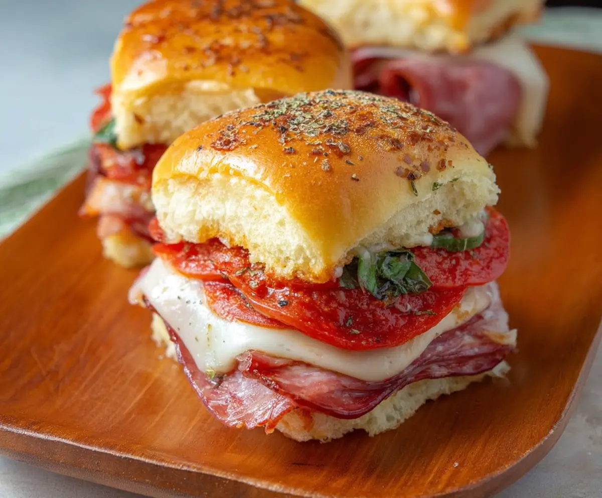 Close-up of delicious Hot Italian Sub Sliders with melted cheese and pepperoni, served hot and ready to eat.