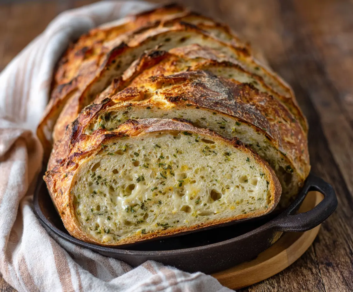 Warm Italian Herb and Cheese Sourdough Bread sliced open to reveal gooey melted cheese and fragrant herbs.