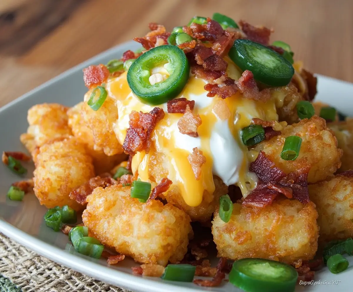 Delicious crispy Jalapeno Popper Tater Tots topped with melted cheese and fresh jalapenos.