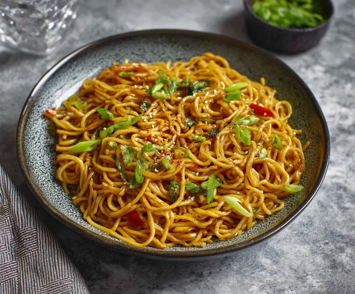 Delicious Japanese garlic fried noodles garnished with green onions, served in a white bowl.
