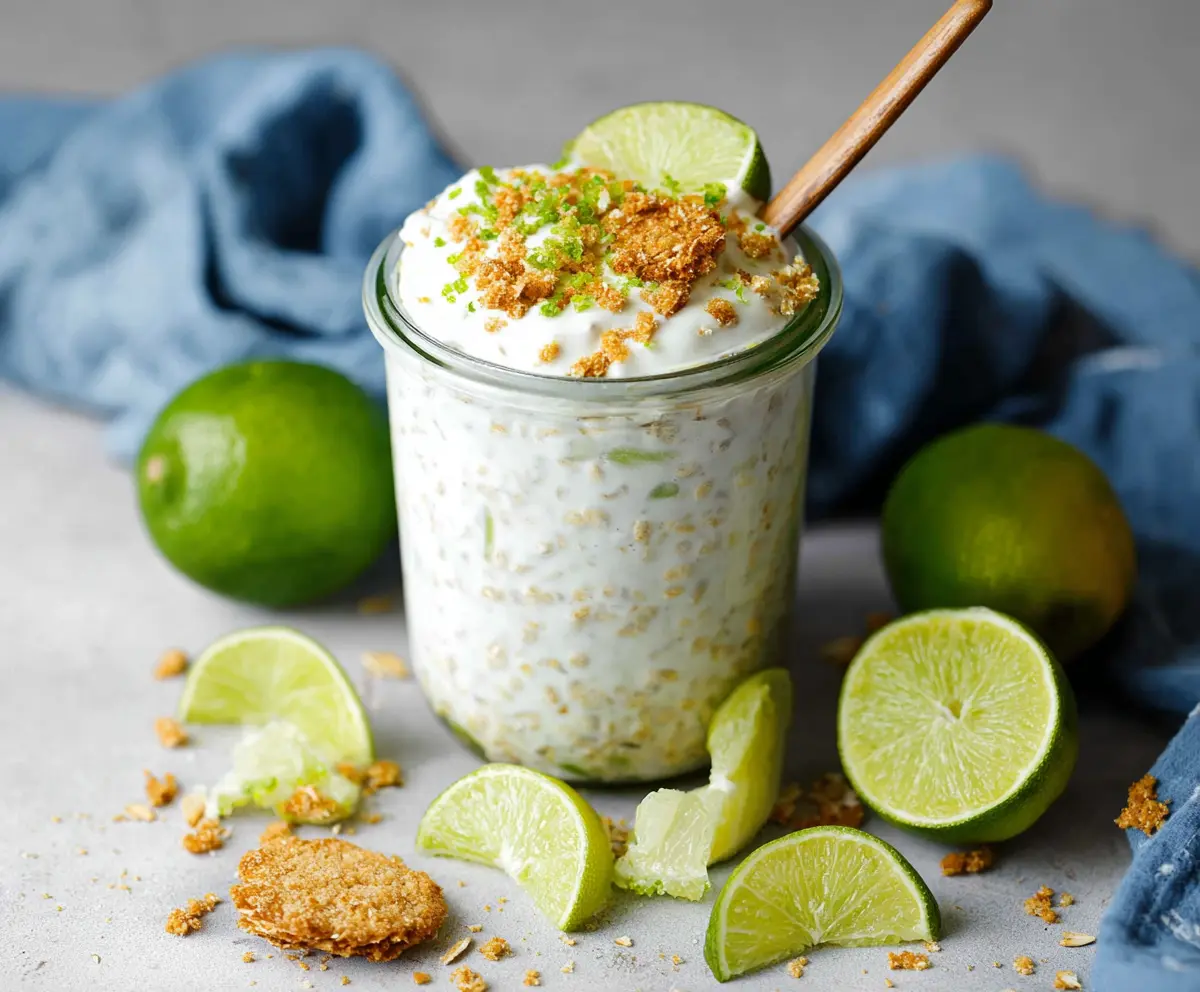 Creamy Key Lime Pie Overnight Oats with lime zest and graham cracker crumbs in a glass jar.