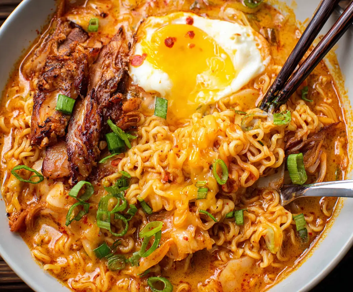 Delicious Kimchi Cheese Ramen topped with melted cheese and spicy kimchi in a bowl.