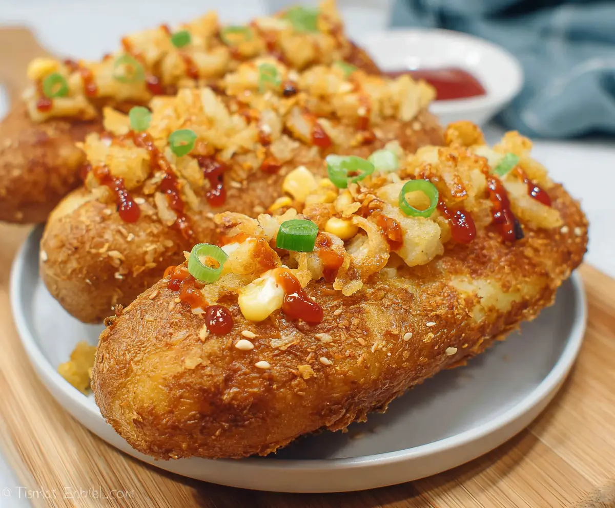 Savory Korean Potato Hot Dog with crispy coating and melted cheese inside.