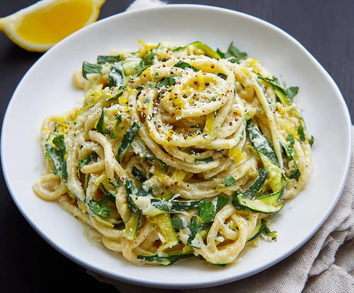 Delicious Lemon Zucchini Pasta garnished with fresh lemon slices and herbs.