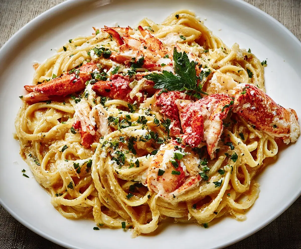 Delicious lobster pasta dish served on a white plate with fresh herbs