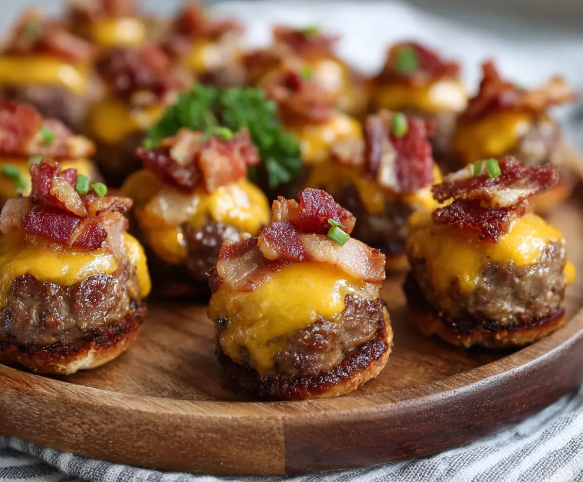 Mini bacon cheeseburger bites on a plate with melted cheese and crispy bacon bits.
