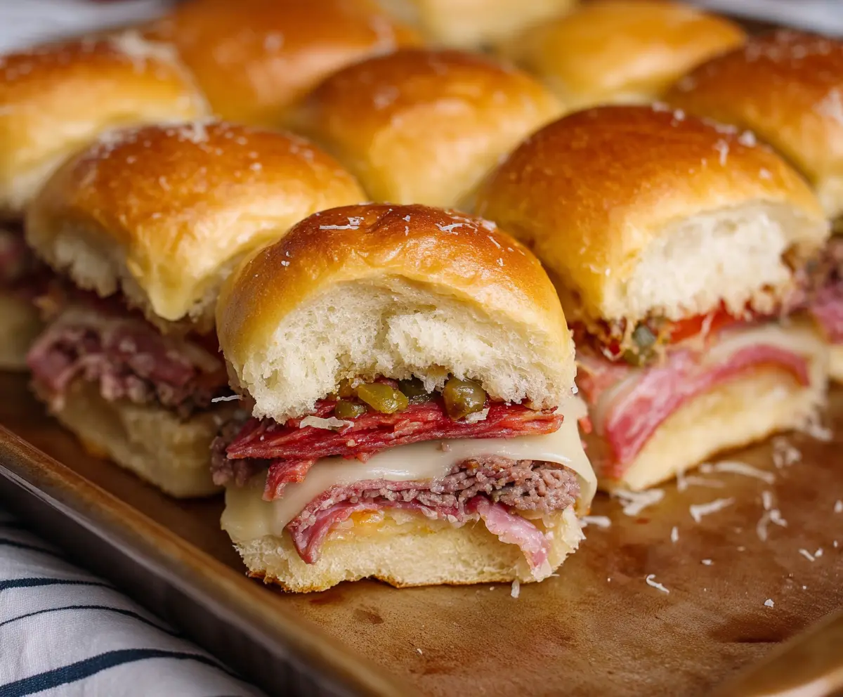 Delicious Muffuletta Sliders with layers of cured meats, cheese, and tangy olive salad on a platter.