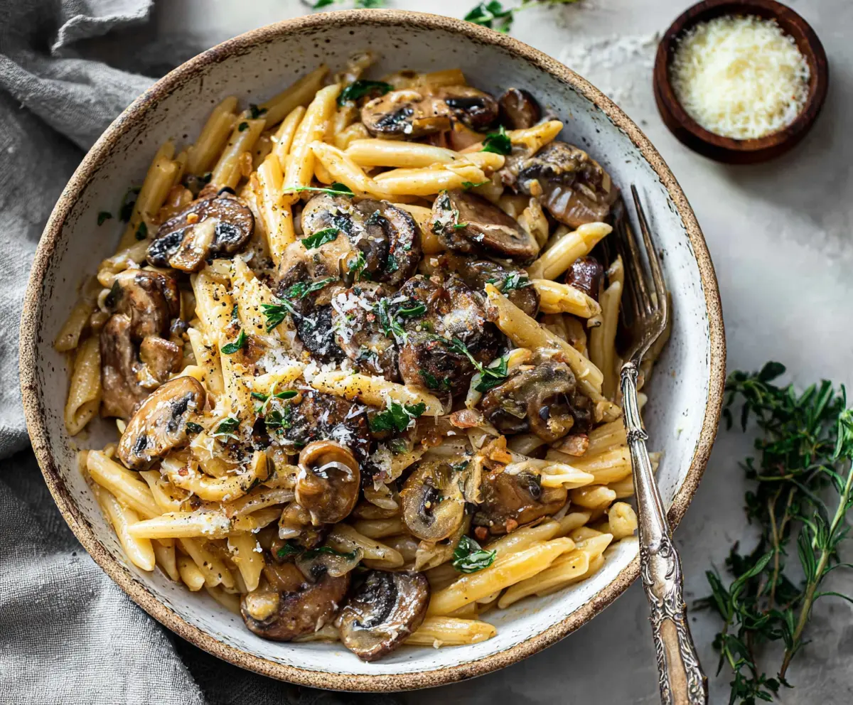 Delicious mushroom pasta with creamy sauce on a white plate, garnished with fresh herbs.