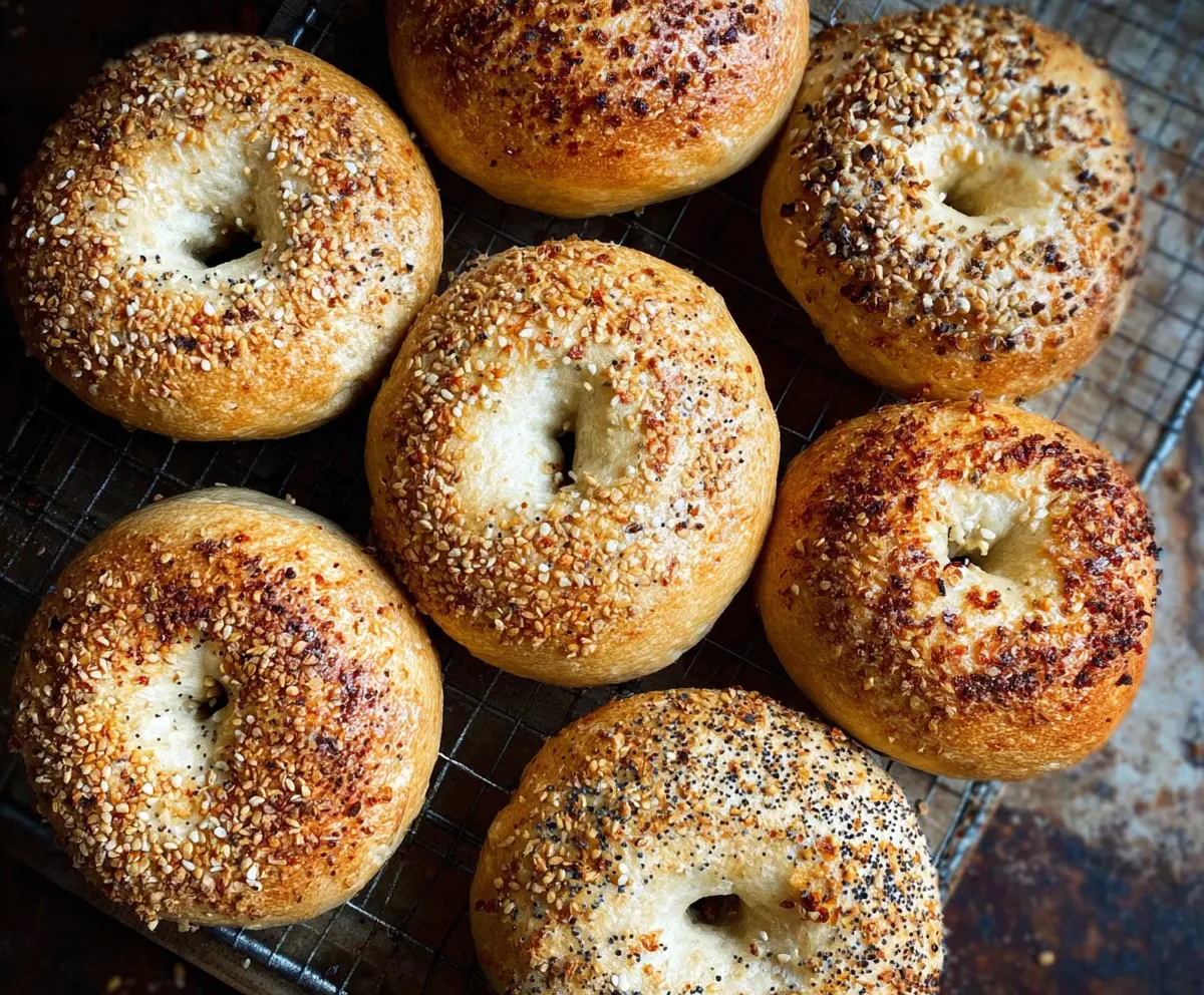 Delicious homemade no yeast sourdough discard bagels on a rustic wooden table.