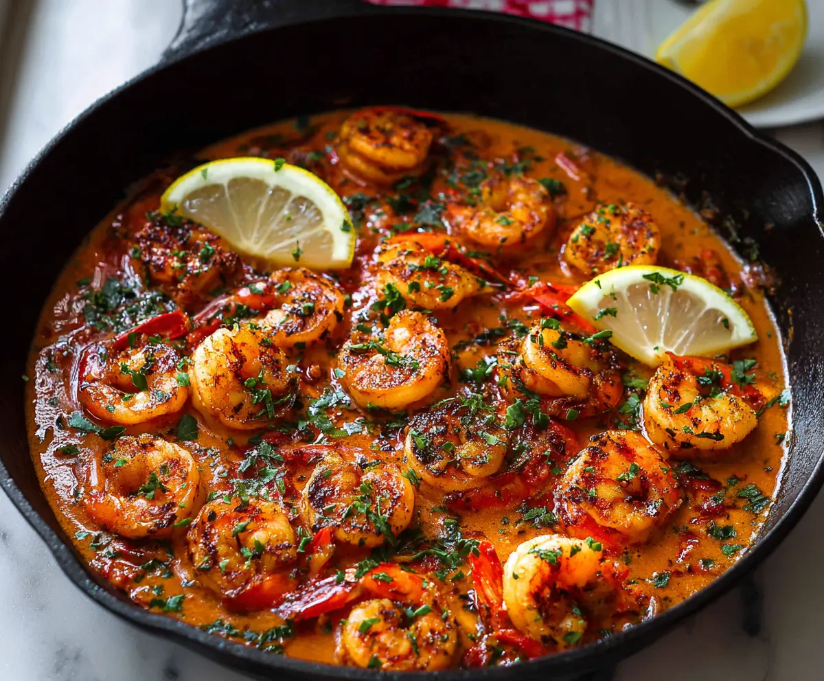Delicious paprika shrimp skillet cooked with flavorful spices and garnished with fresh herbs.