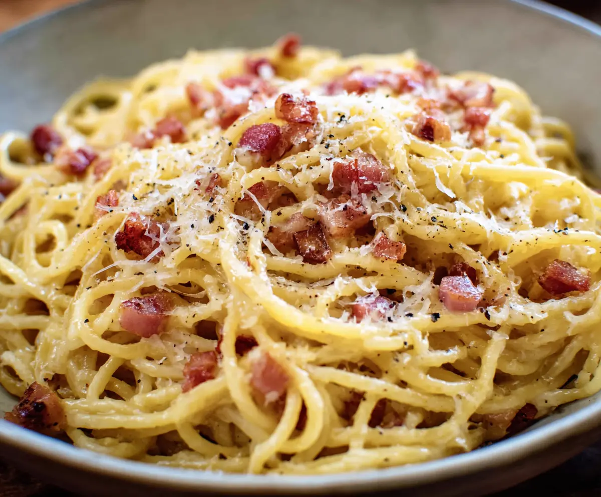 Delicious Pasta Carbonara with crispy pancetta and creamy sauce on a plate.