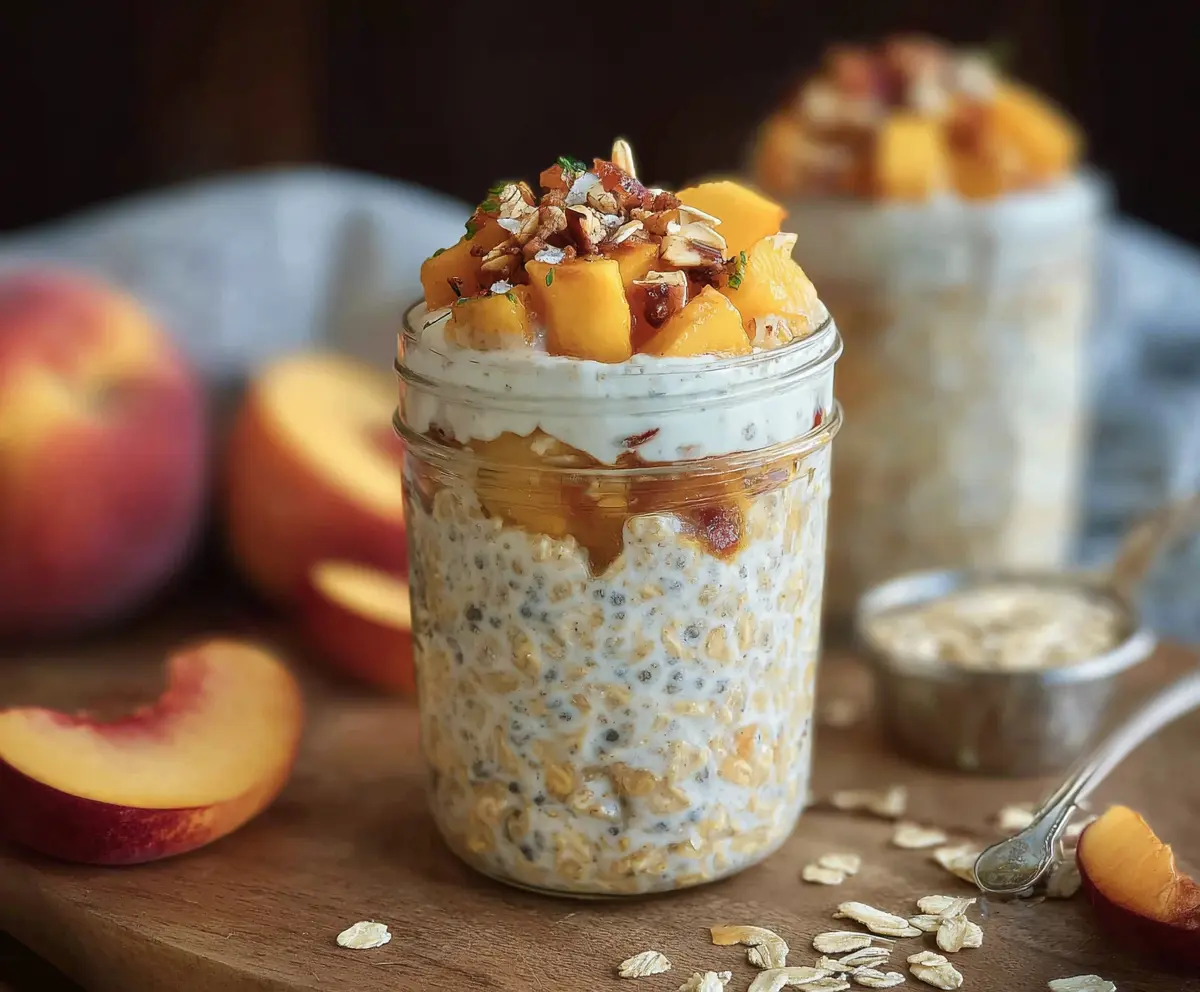 Delicious peach cobbler overnight oats in a glass jar topped with fresh peach slices and a sprinkle of cinnamon.