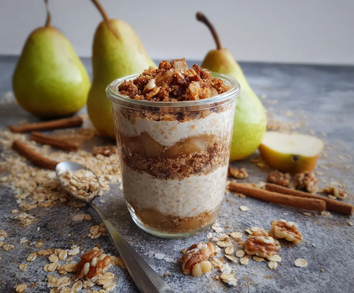 Delicious Pear Crumble Overnight Oats in a glass jar topped with fresh pear slices and crumble topping.