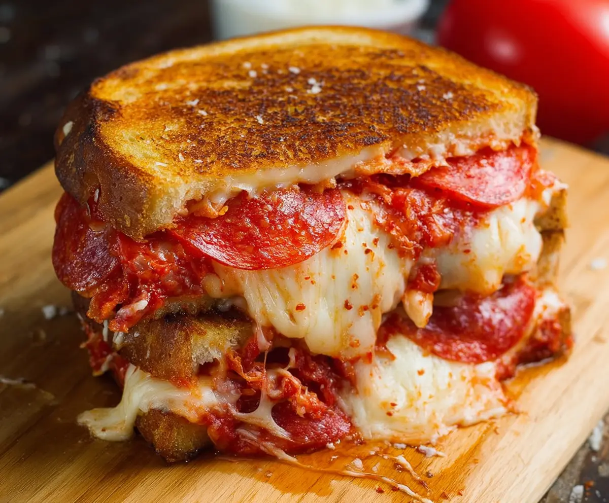Delicious pepperoni pizza grilled cheese sandwich with melted cheese and crispy bread.