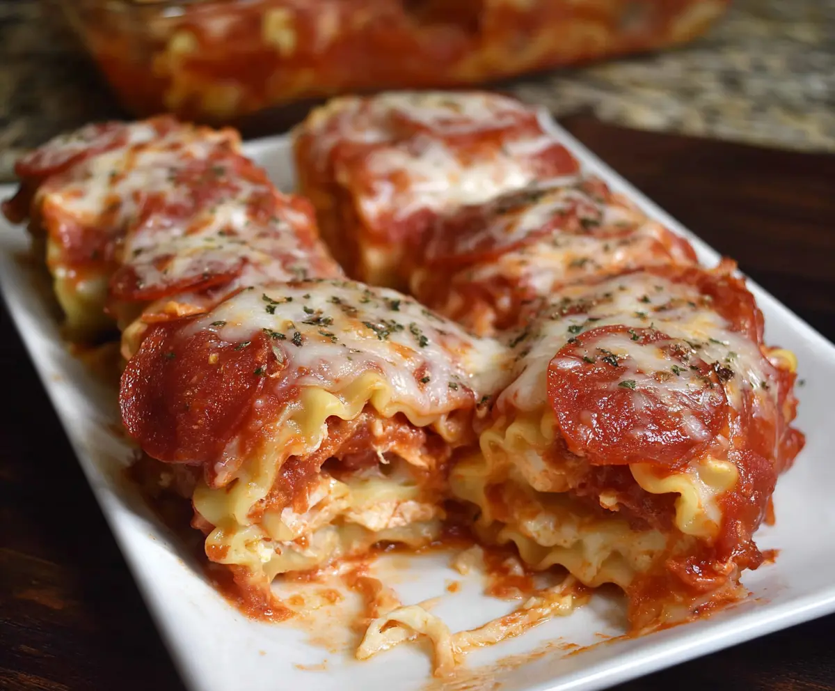 Delicious Pepperoni Pizza Lasagna Roll Ups topped with melted cheese and pepperoni slices.