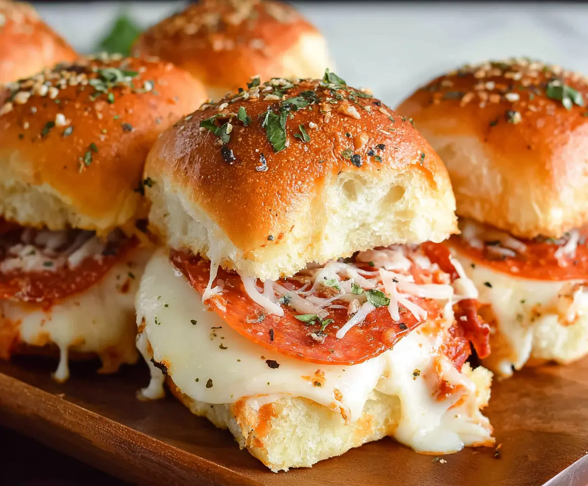 Delicious pepperoni pizza sliders with crispy edges and melted cheese on a serving platter
