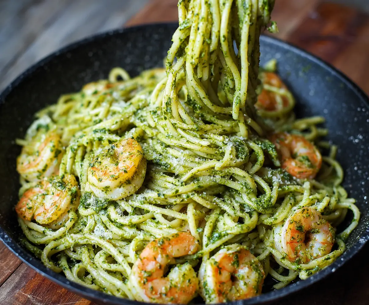 Delicious pesto shrimp pasta garnished with fresh basil on a white plate
