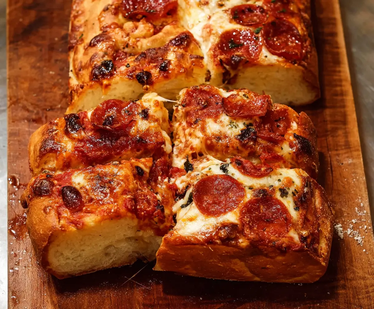 Homemade pizza bread topped with melted cheese and fresh herbs, perfect for snack or appetizer.