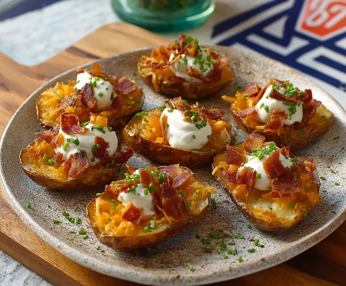 Delicious crispy potato skin bites garnished with herbs on a white plate