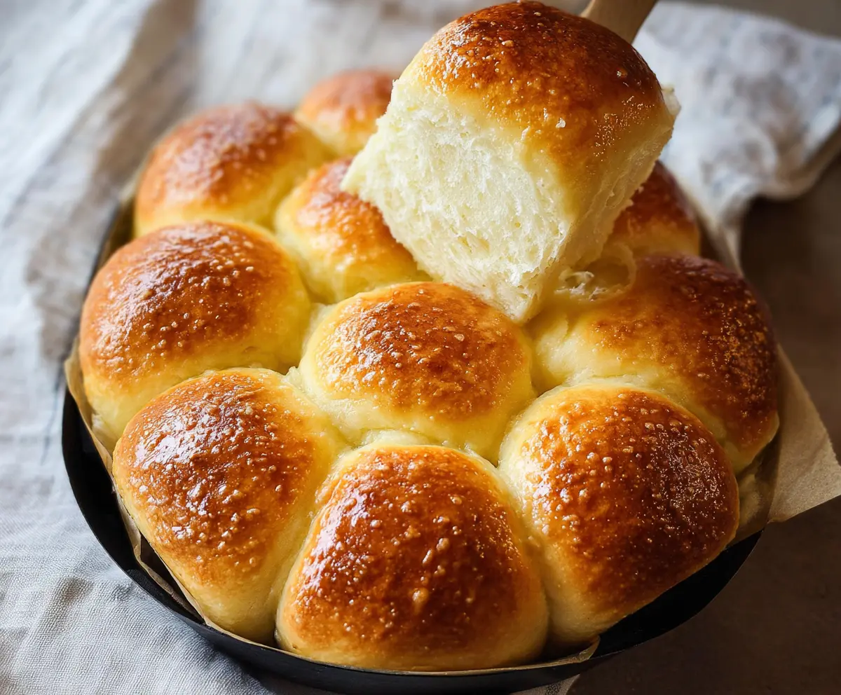 Delicious pull-apart sourdough dinner rolls fresh out of the oven with golden crust and soft interior.