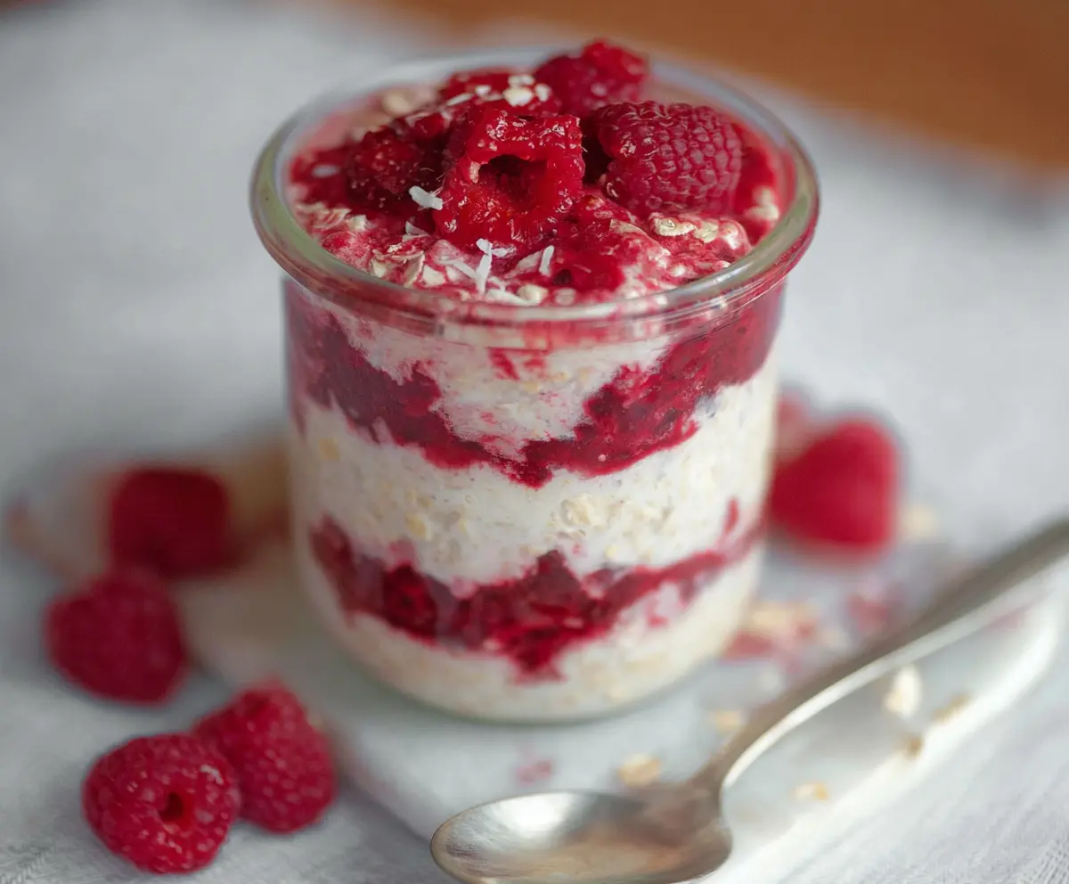 Creamy raspberry cheesecake overnight oats topped with fresh raspberries and a dollop of yogurt.